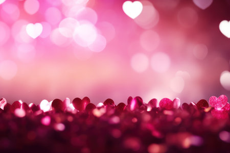 Translucent pink hearts on glittery surface with bokeh backgroundの素材