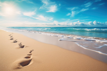 Sunny beach with gentle waves under a clear blue skyの素材
