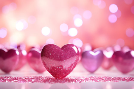 Translucent pink hearts on glittery surface with bokeh backgroundの素材