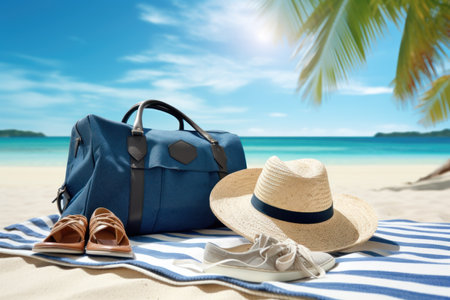 Beach essentials on sandy shore against clear blue skyの素材