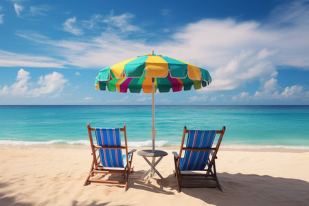 Beach chairs under colorful umbrella, tropical ocean backdropの素材