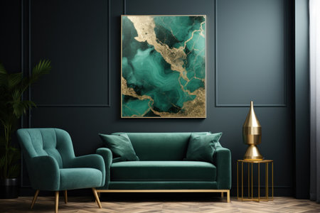 Elegant living room with teal sofa and abstract artの素材