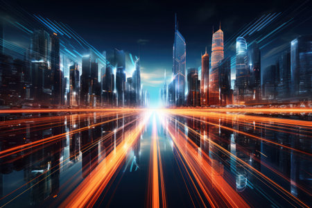 Futuristic cityscape with glowing lights and skyscrapers at nightの素材