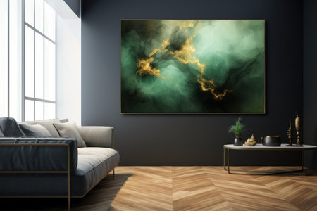 Elegant living room with teal sofa and abstract artの素材