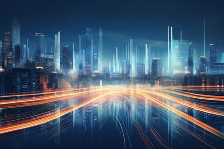 Futuristic cityscape with glowing lights and skyscrapers at nightの素材