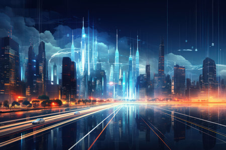 Futuristic cityscape with glowing lights and skyscrapers at nightの素材