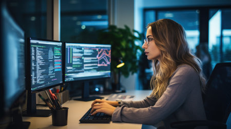 Side view of concentrated female programmer working on computer at night in officeの素材