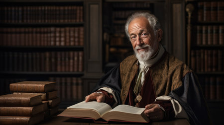Portrait of an old judge sitting in his courtroom and reading a bookの素材