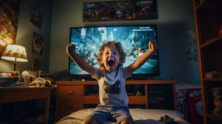 Happy child playing video games at home. Funny kid having fun on the bed.の素材