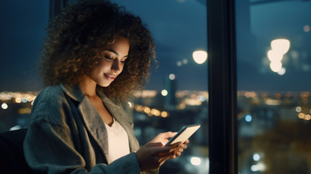 Beautiful young woman with curly hair using a tablet computer in the city at nightの素材