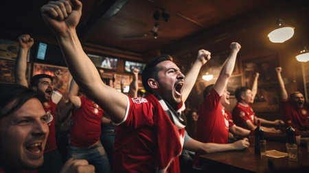 Football fans cheering and supporting their favorite team in a pub before the matchの素材