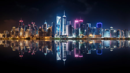 Nighttime cityscape with illuminated buildings mirrored in calm water.の素材