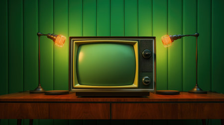 Vintage TV and lamps on wooden table, green backgroundの素材