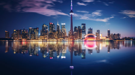 Nighttime cityscape with illuminated buildings mirrored in calm water.の素材