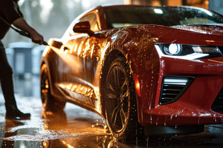 Red sports car being washed, glistening water dropletsの素材