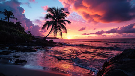 Sunset beach with palm tree silhouette.の素材
