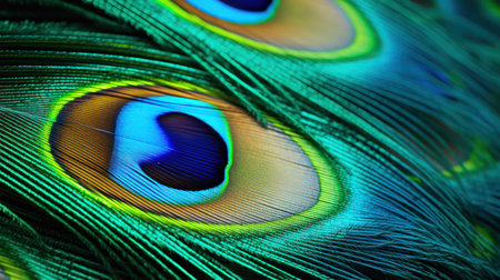 Close-up detail of vibrant peacock feathersの素材