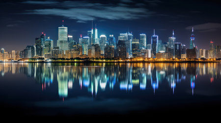 Nighttime cityscape with illuminated buildings mirrored in calm water.の素材