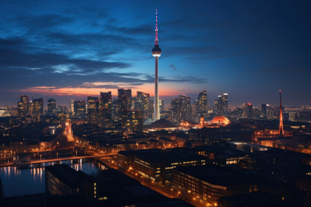 Cityscape at dusk with illuminated buildings.の素材