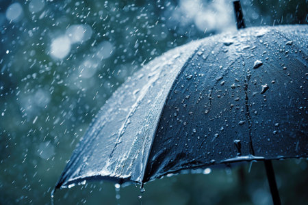 Raindrops on dark umbrella, blurred rain in background.の素材