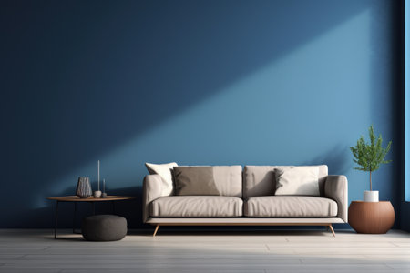 Modern living room with sofa, blue wall and green plantの素材