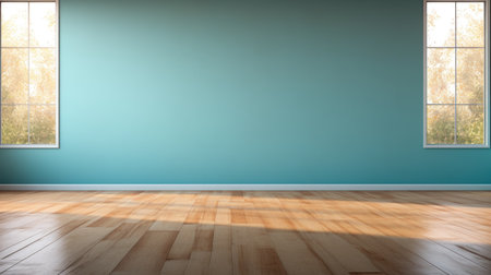 Sunbeam illuminating an empty room with wooden floor, window and blue walls.の素材