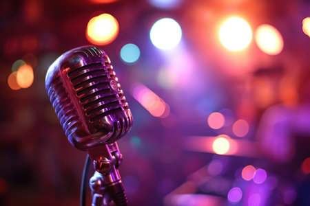 Vintage microphone against backdrop of golden lightsの素材