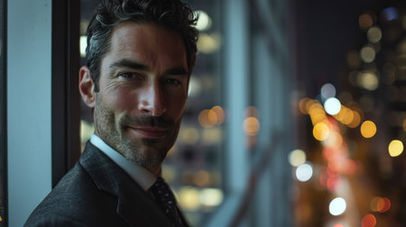 Portrait of handsome businessman looking out the window in the city at nightの素材