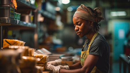 African American female worker in an apron working at the coffee shopの素材
