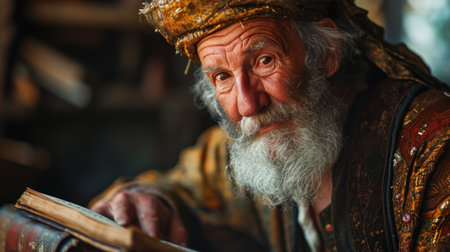 Portrait of an old man with a gray beard in a hat and a medieval costume. Old man reading a book in an old-fashioned baroque interiorの素材