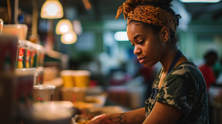 Portrait of a young African woman in a coffee shop, she is buying coffee.の素材