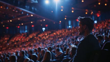 Crowd of people attending a concert in a conference hall or auditoriumの素材
