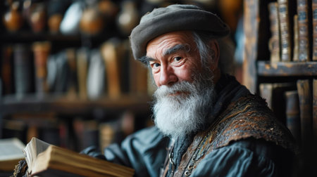 Portrait of an old man with a gray beard in a hat and a medieval costume. Old man reading a book in an old-fashioned baroque interiorの素材