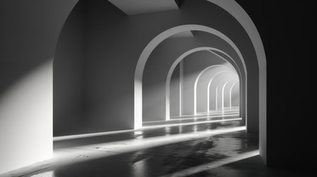 Sunlit modern corridor with repetitive arches and shadowsの素材