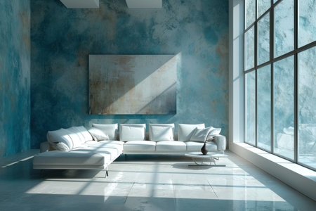 Interior of modern living room with blue walls, concrete floor, comfortable white sofa and mock up poster. 3d renderingの素材