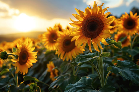 Sunflowers bloom brightly against a sunset backdropの素材