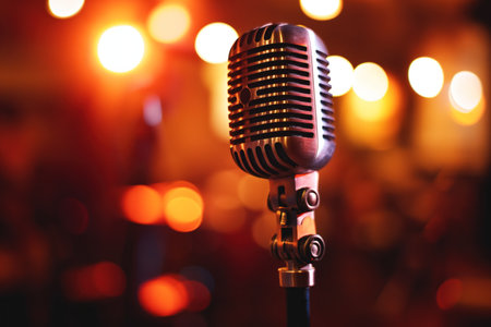 Vintage microphone against backdrop of golden lightsの素材