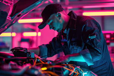 Auto mechanic working in auto repair service. Car engine maintenance and repair concept.の素材