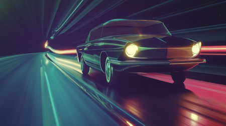 Vintage car speeding on a neon-lit road at nightの素材