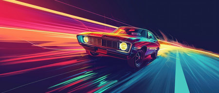 Vintage car speeding on a neon-lit street at nightの素材