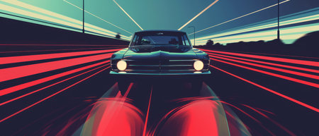 Vintage car speeding on a neon-lit highway at nightの素材