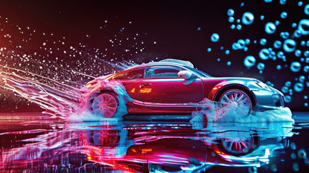 Red sports car splashed with water under vibrant lights.の素材