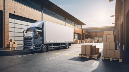 Truck at warehouse with packages ready for deliveryの素材
