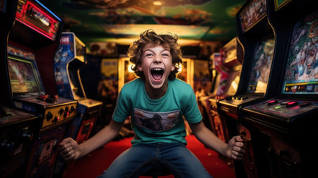 Child celebrating victory in a colorful arcade roomの素材