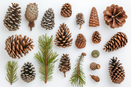 Collection of various pine cones and needles on whiteの素材