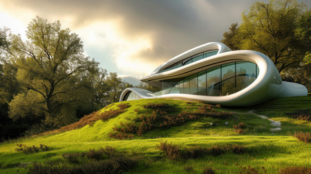 Luxurious modern home seamlessly integrated into natural landscapeの素材