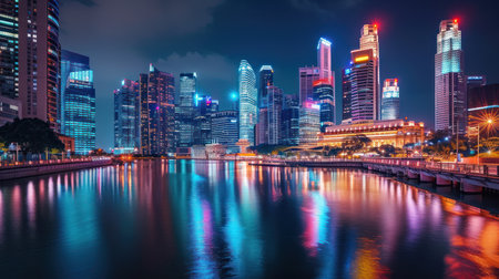 Nighttime cityscape with illuminated buildings mirrored in calm water.の素材