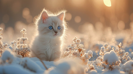 A fluffy kitten amidst frosty plants in golden sunlight.の素材