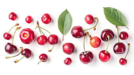 Fresh cherries with leaves scattered on a white backgroundの素材