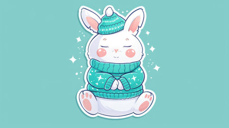Cartoon illustration of a cute white bunny in cozy winter attireの素材